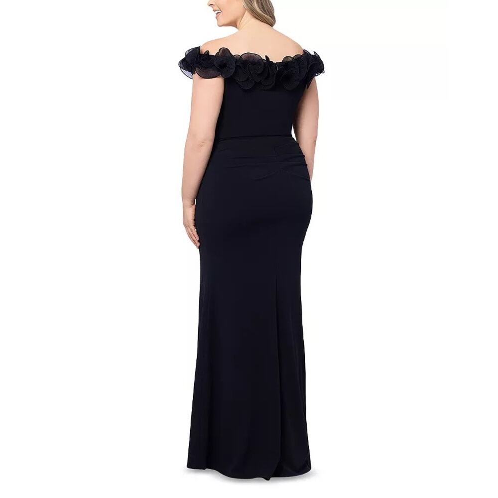 NWT Xscape Black Scuba Crepe Off-The-Shoulder Ruffle Neck Mermaid Dress Size 16W - Picture 3 of 4